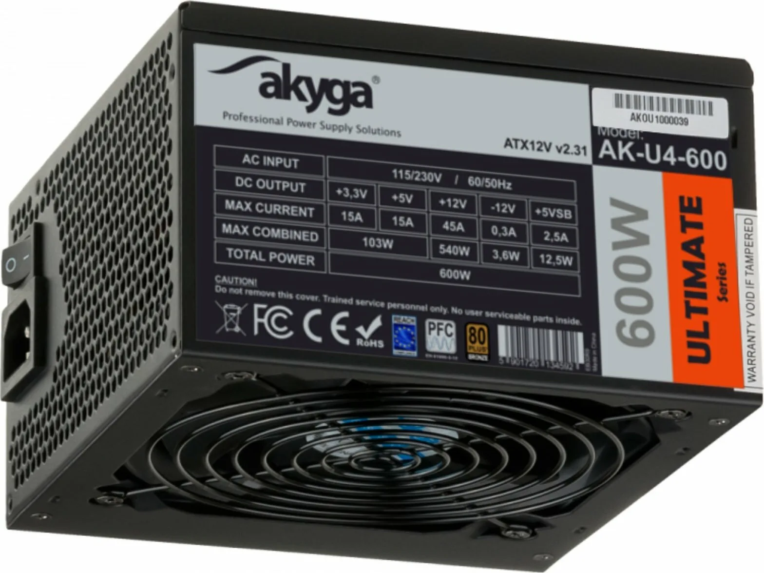 Akyga AK-U4-600 600W Μαύρο Τροφοδοτικό Υπολογιστή Full Wired 80 Plus Bronze Akyga AK-U4-600 600W Μαύρο Τροφοδοτικό Υπολογιστή Full Wired 80 Plus Bronze - Image 1
