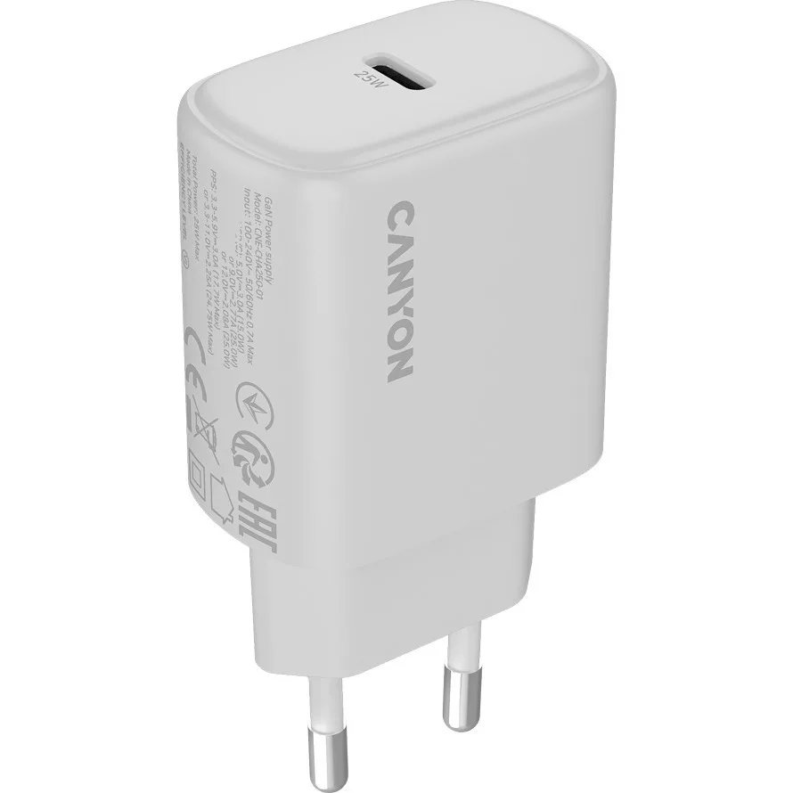 Canyon Φορτιστής με Ενσωματωμένο Καλώδιο με Θύρα USB-C 25W Power Delivery Λευκός (OnCharge 250) Canyon Φορτιστής με Ενσωματωμένο Καλώδιο με Θύρα USB-C 25W Power Delivery Λευκός (OnCharge 250) - Image 1