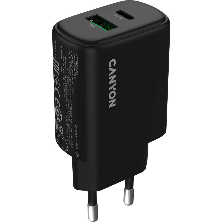 Canyon Φορτιστής με Ενσωματωμένο Καλώδιο με Θύρα USB-A και Θύρα USB-C 25W Power Delivery / Quick Charge 3.0 Μαύρος (OnCharge 250) Canyon Φορτιστής με Ενσωματωμένο Καλώδιο με Θύρα USB-A και Θύρα USB-C 25W Power Delivery / Quick Charge 3.0 Μαύρος (OnCharge 250) - Image 1