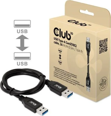 Club-3d Cable Usb-a 3.1 Gen 2 Male To Male 0.5 M Black Cac-1409 Club-3d Cable Usb-a 3.1 Gen 2 Male To Male 0.5 M Black Cac-1409 - Image 1