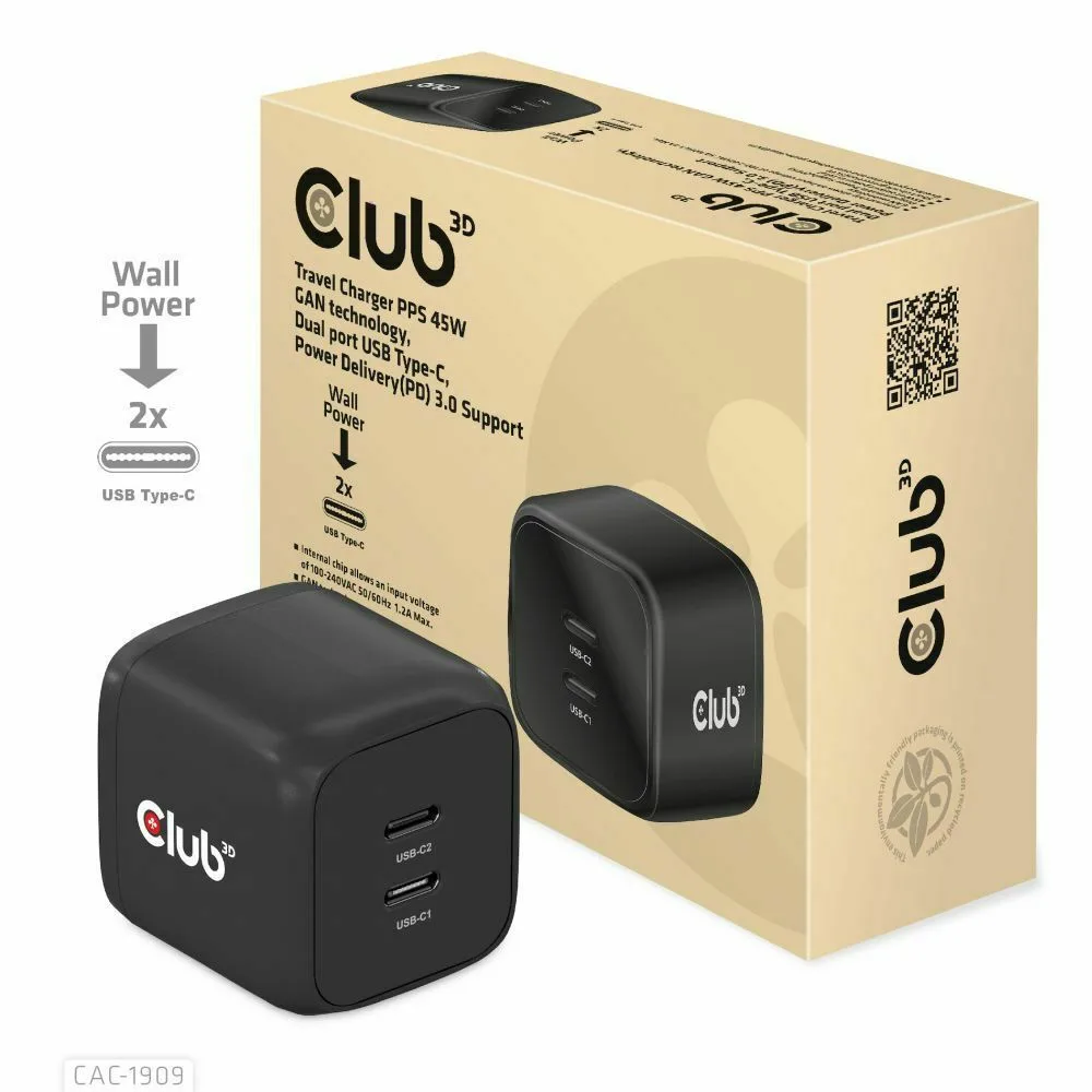Club3D Φορτιστής Χωρίς Καλώδιο GaN με 2 Θύρες USB-C 45W Power Delivery Μαύρος (PPS) Club3D Φορτιστής Χωρίς Καλώδιο GaN με 2 Θύρες USB-C 45W Power Delivery Μαύρος (PPS) - Image 1