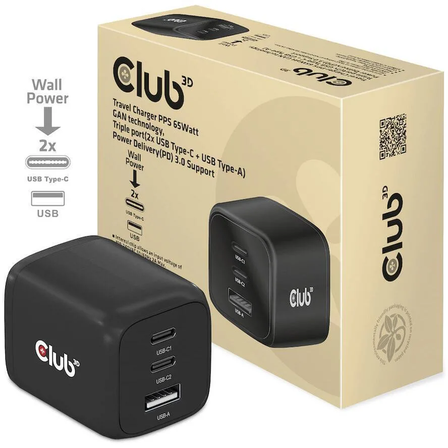 Club3D Φορτιστής Χωρίς Καλώδιο GaN με Θύρα USB-A και 2 Θύρες USB-C 65W Μαύρος (PPS) Club3D Φορτιστής Χωρίς Καλώδιο GaN με Θύρα USB-A και 2 Θύρες USB-C 65W Μαύρος (PPS) - Image 1