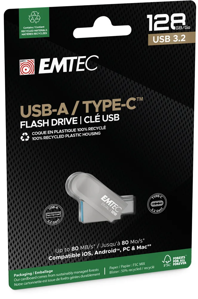 Emtec 128GB USB 3.2 Stick με σύνδεση USB-A & USB-C Ασημί Emtec 128GB USB 3.2 Stick με σύνδεση USB-A & USB-C Ασημί - Image 1