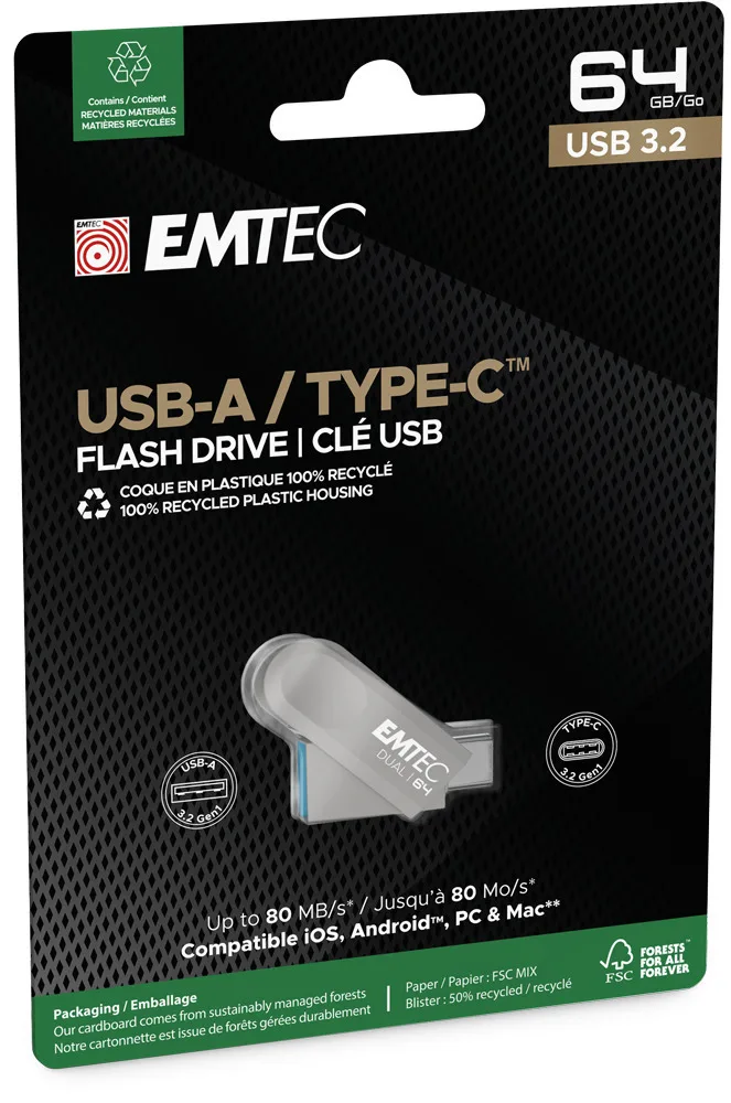 Emtec 64GB USB 3.2 Stick με σύνδεση USB-A & USB-C Ασημί Emtec 64GB USB 3.2 Stick με σύνδεση USB-A & USB-C Ασημί - Image 1