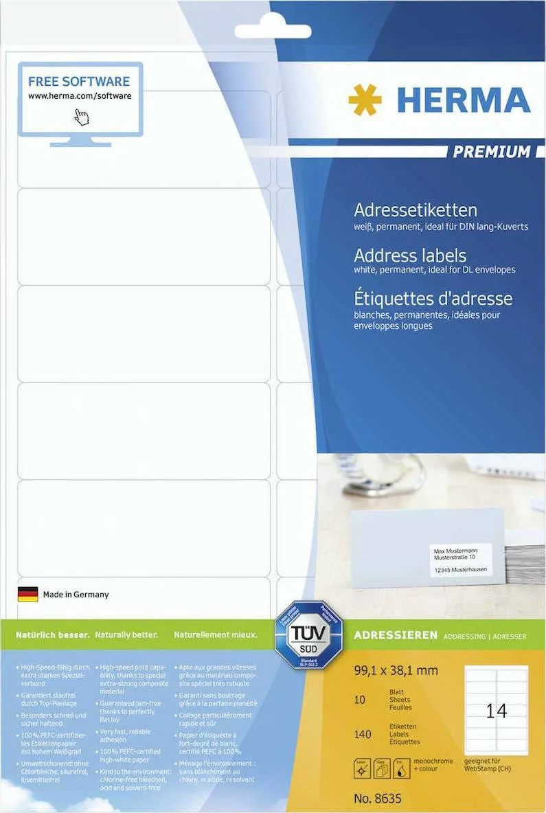 Herma 140 Αυτοκόλλητες Ετικέτες Α4 Ορθογώνιες 8635 99.1x38.1mm Herma 140 Αυτοκόλλητες Ετικέτες Α4 Ορθογώνιες 8635 99.1x38.1mm - Image 1