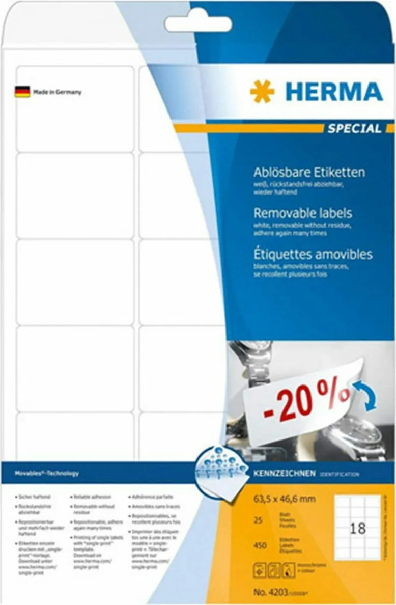 Herma 450 Αυτοκόλλητες Ετικέτες Α4 Ορθογώνιες 4203 63.5x46.6mm Herma 450 Αυτοκόλλητες Ετικέτες Α4 Ορθογώνιες 4203 63.5x46.6mm - Image 1