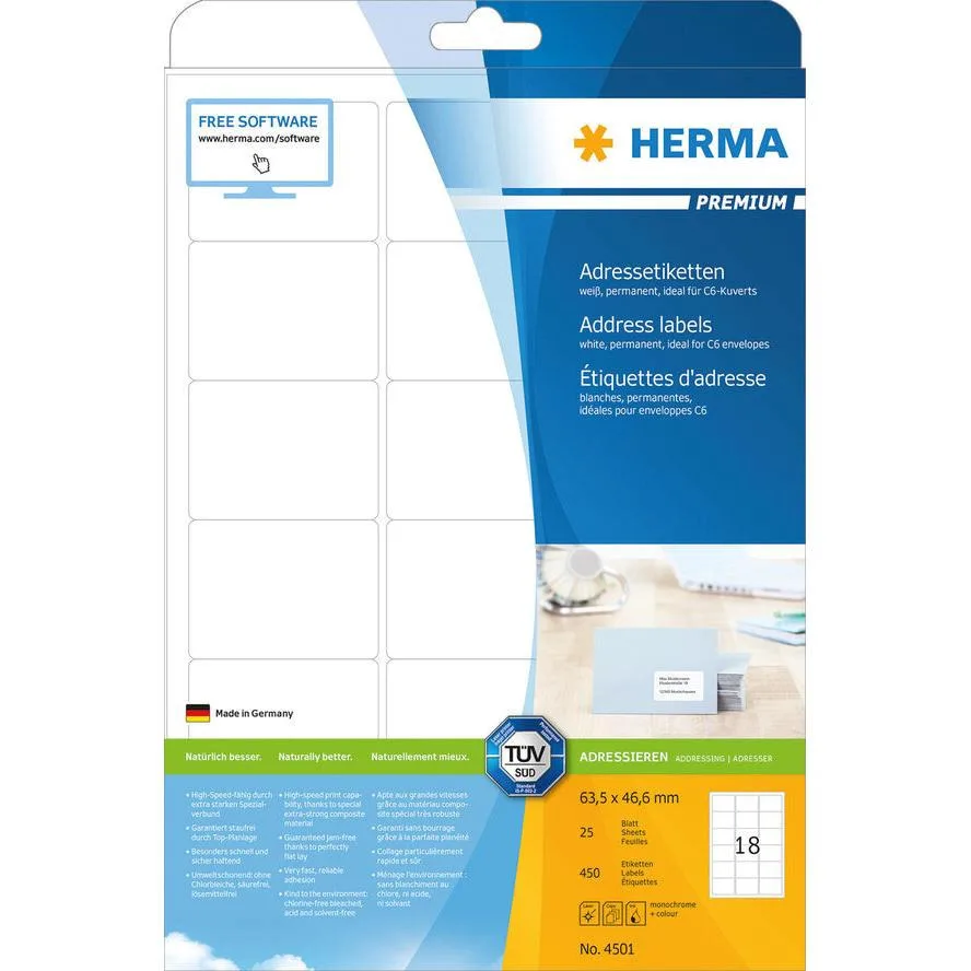 Herma 450τμχ Αυτοκόλλητες Ετικέτες σε Λευκό Χρώμα 63.5x46.6mm Herma 450τμχ Αυτοκόλλητες Ετικέτες σε Λευκό Χρώμα 63.5x46.6mm - Image 1