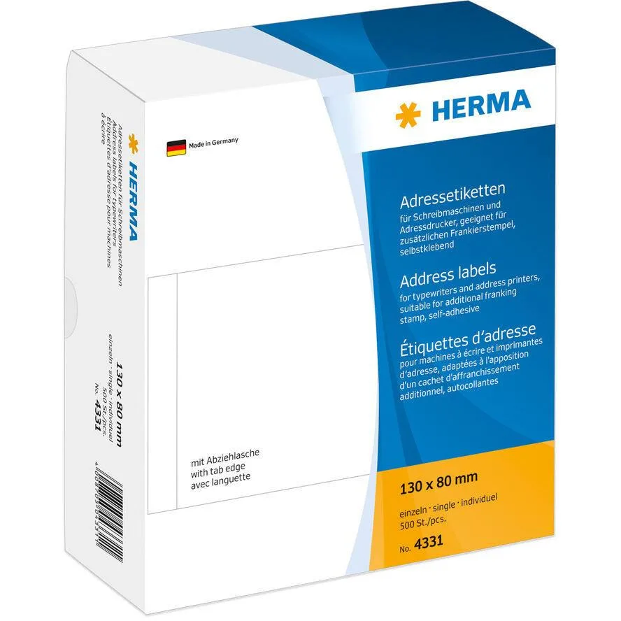 Herma 500τμχ Αυτοκόλλητες Ετικέτες 4331 σε Λευκό Χρώμα 130x80mm Herma 500τμχ Αυτοκόλλητες Ετικέτες 4331 σε Λευκό Χρώμα 130x80mm - Image 1