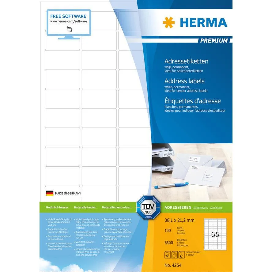 Herma Αυτοκόλλητες Ετικέτες Α4 Ορθογώνιες Address 4254 38.1x21.2mm Herma Αυτοκόλλητες Ετικέτες Α4 Ορθογώνιες Address 4254 38.1x21.2mm - Image 1