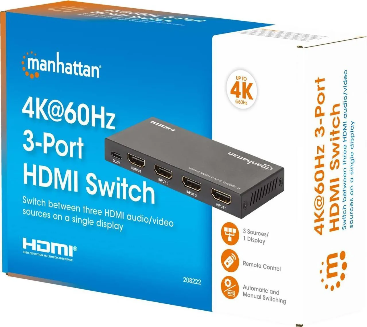 Manhattan 4k60hz 3-port Hdmi Switch Switching Between Three Hdmi Inputs To One Hdmi Output 3x1 18g Ir Remote Control Manhattan 4k60hz 3-port Hdmi Switch Switching Between Three Hdmi Inputs To One Hdmi Output 3x1 18g Ir Remote Control - Image 1
