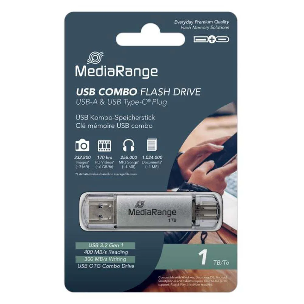 MediaRange 1.0TB USB 3.2 Stick με σύνδεση USB-A & USB-C Ασημί MediaRange 1.0TB USB 3.2 Stick με σύνδεση USB-A & USB-C Ασημί - Image 1