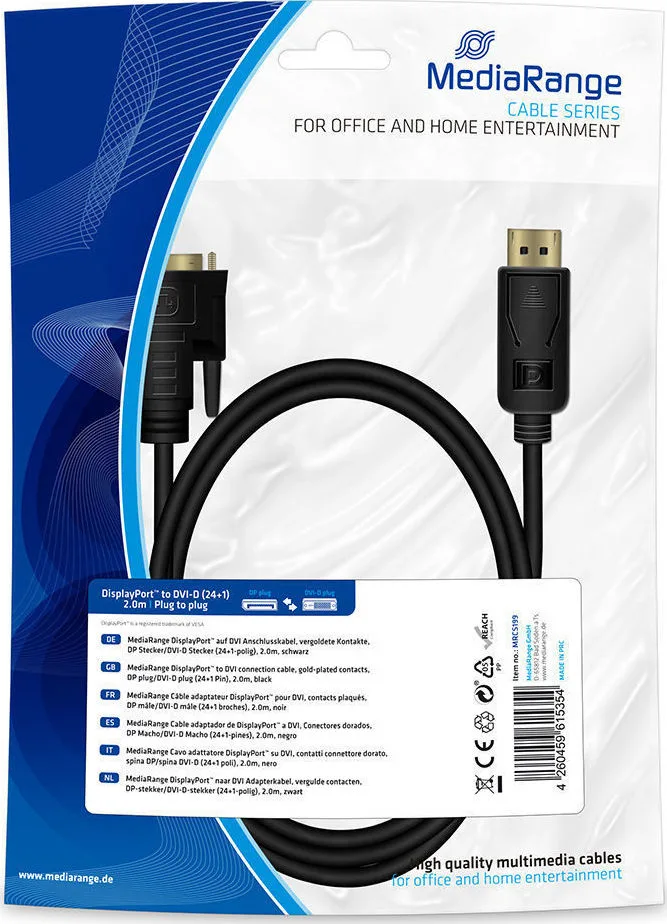 MediaRange Cable DVI-D male - DisplayPort male 2m (MRCS199) MediaRange Cable DVI-D male - DisplayPort male 2m (MRCS199) - Image 1