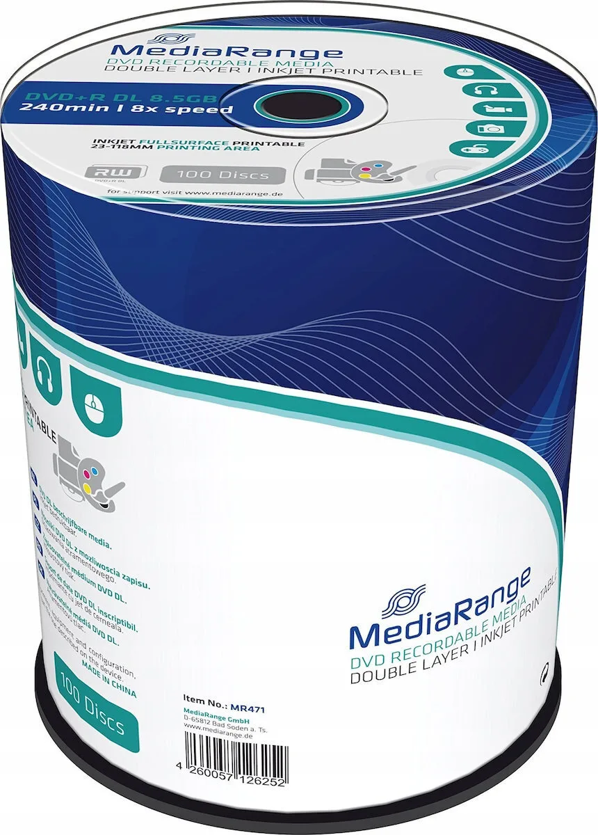 MediaRange Εγγράψιμα DVD+R 8x Dual Layer Printable 8.5GB 100τμχ (MR471) MediaRange Εγγράψιμα DVD+R 8x Dual Layer Printable 8.5GB 100τμχ (MR471) - Image 1