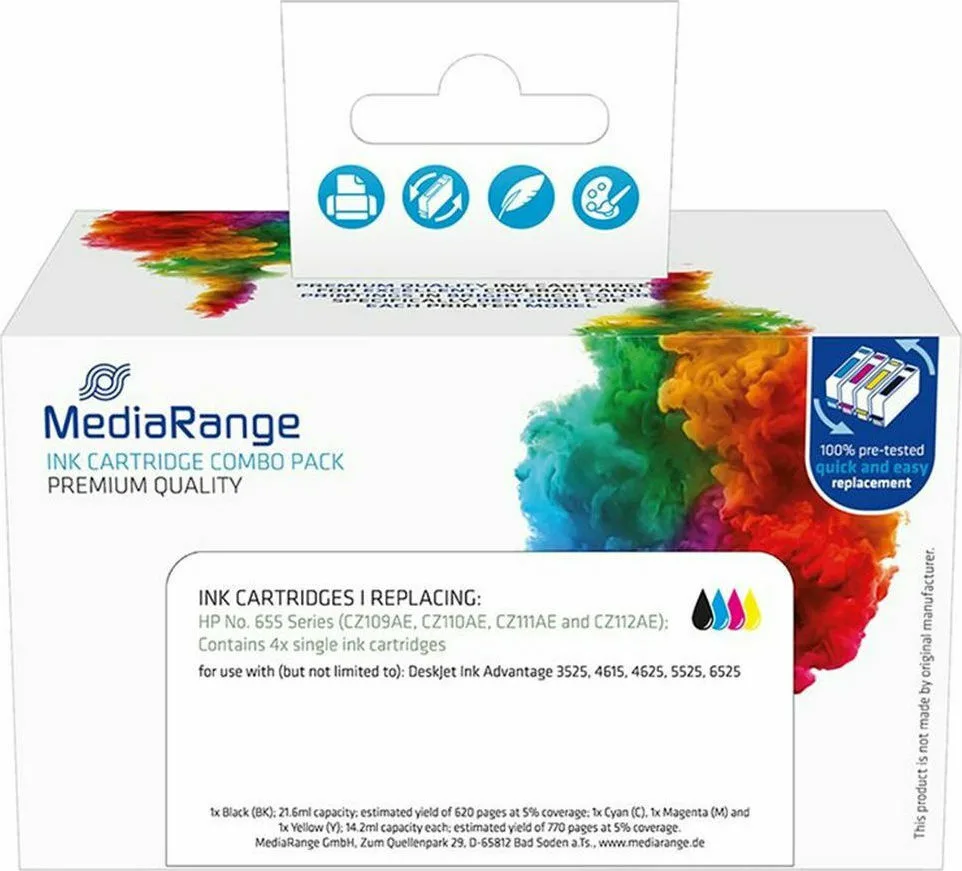 MediaRange Πακέτο Συμβατών Μελανιών Εκτυπωτή InkJet HP 655 Πολλαπλό (Color) / Μαύρο 4τμχ MRHP655MPK MediaRange Πακέτο Συμβατών Μελανιών Εκτυπωτή InkJet HP 655 Πολλαπλό (Color) / Μαύρο 4τμχ MRHP655MPK - Image 1