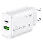 MediaRange Φορτιστής Χωρίς Καλώδιο GaN με Θύρα USB-A και Θύρα USB-C 25W Power Delivery Λευκός (MRMA112-2)