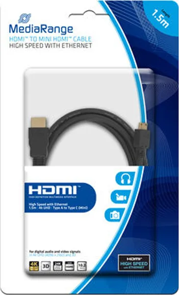 MediaRange HDMI 1.4 High Speed 1080p 120Hz Cable HDMI male - mini HDMI male 1.5m Μαύρο MRCS165 MediaRange HDMI 1.4 High Speed 1080p 120Hz Cable HDMI male - mini HDMI male 1.5m Μαύρο MRCS165 - Image 1