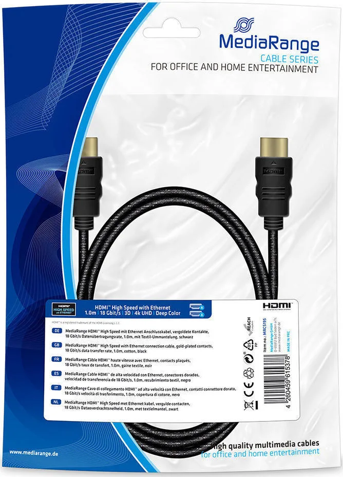 MediaRange HDMI 2.0 Premium High Speed 4K 60Hz HDR Cable HDMI male - HDMI male 1m Μαύρο MRCS195 MediaRange HDMI 2.0 Premium High Speed 4K 60Hz HDR Cable HDMI male - HDMI male 1m Μαύρο MRCS195 - Image 1