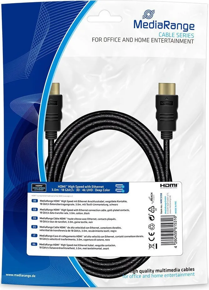 MediaRange HDMI 2.0 Premium High Speed 4K 60Hz HDR Cable HDMI male - HDMI male 3m Μαύρο MRCS198 MediaRange HDMI 2.0 Premium High Speed 4K 60Hz HDR Cable HDMI male - HDMI male 3m Μαύρο MRCS198 - Image 1