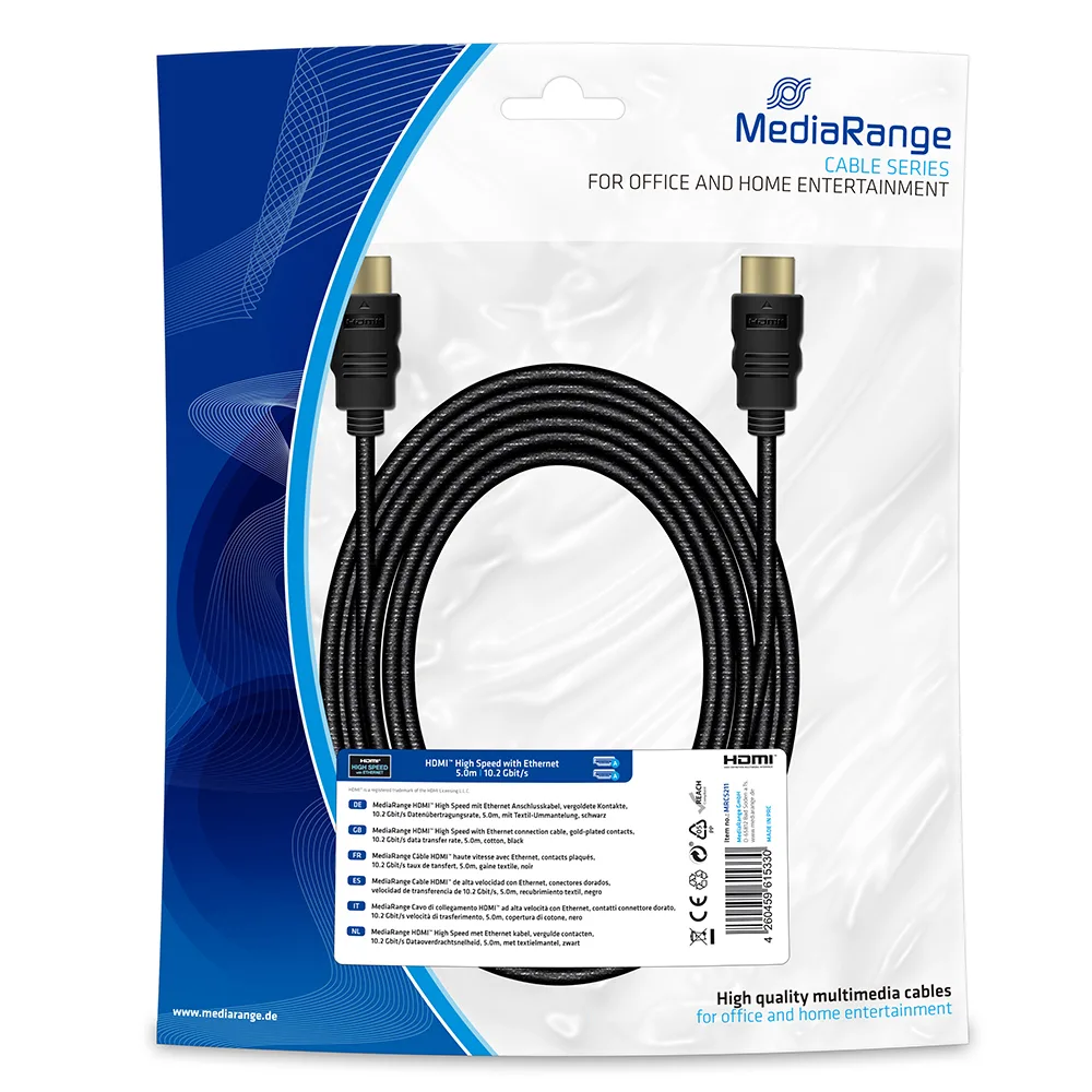 MediaRange HDMI 2.0 Premium High Speed 4K 60Hz HDR Cable HDMI male - HDMI male 5m Μαύρο MRCS211 MediaRange HDMI 2.0 Premium High Speed 4K 60Hz HDR Cable HDMI male - HDMI male 5m Μαύρο MRCS211 - Image 1