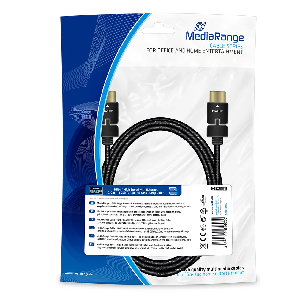 MediaRange High Speed Ethernet Connection HDMI 2.0 Premium High Speed 4K 60Hz HDR Rotating Cable HDMI male - HDMI male 2m Μαύρο MRCS197 MediaRange High Speed Ethernet Connection HDMI 2.0 Premium High Speed 4K 60Hz HDR Rotating Cable HDMI male - HDMI male 2m Μαύρο MRCS197 - Image 1