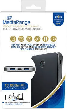 MediaRange MR753 Power Bank 10000mAh 18W με 2 Θύρες USB-A και Θύρα USB-C Power Delivery Μαύρο MediaRange MR753 Power Bank 10000mAh 18W με 2 Θύρες USB-A και Θύρα USB-C Power Delivery Μαύρο - Image 1