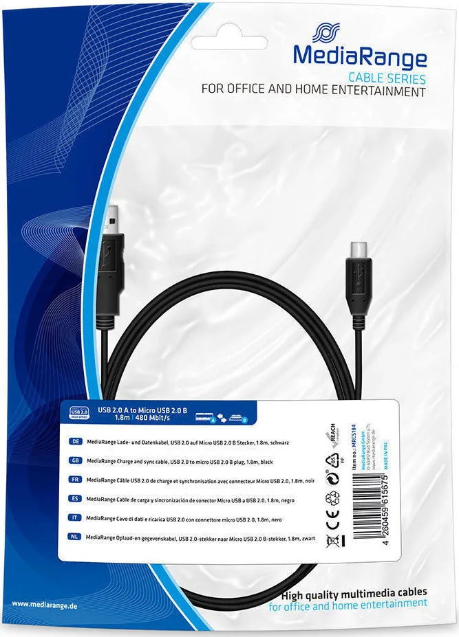 MediaRange Regular USB 2.0 to micro USB Cable Μαύρο 1.8m (MRCS184) MediaRange Regular USB 2.0 to micro USB Cable Μαύρο 1.8m (MRCS184) - Image 1