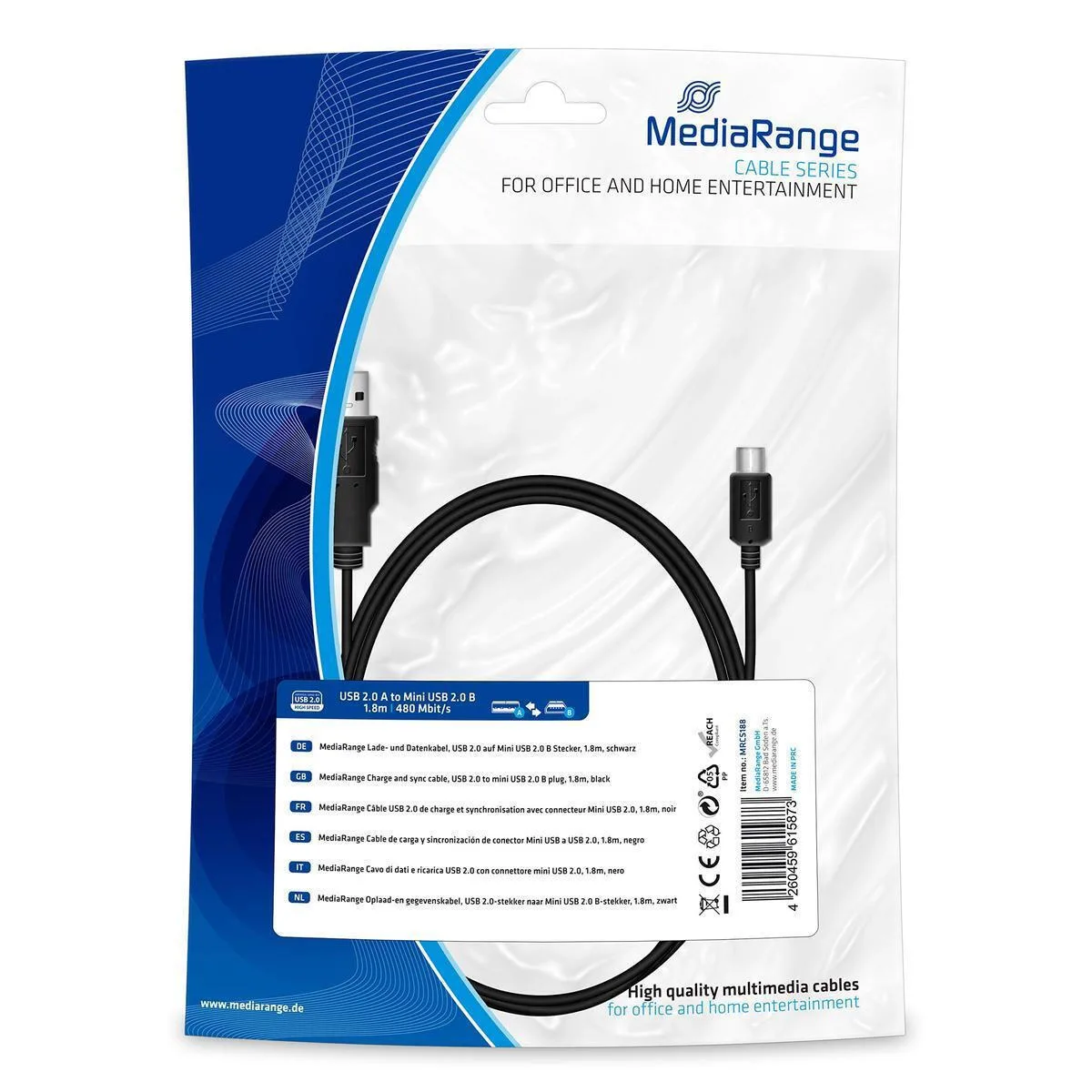 MediaRange USB 2.0 Cable USB-A male - mini USB-A male 1.8m (MRCS188) MediaRange USB 2.0 Cable USB-A male - mini USB-A male 1.8m (MRCS188) - Image 1