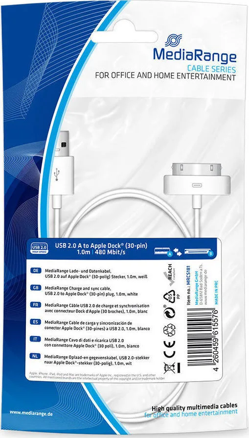 MediaRange USB to 30-Pin Cable Λευκό 1m (MRCS181) MediaRange USB to 30-Pin Cable Λευκό 1m (MRCS181) - Image 1