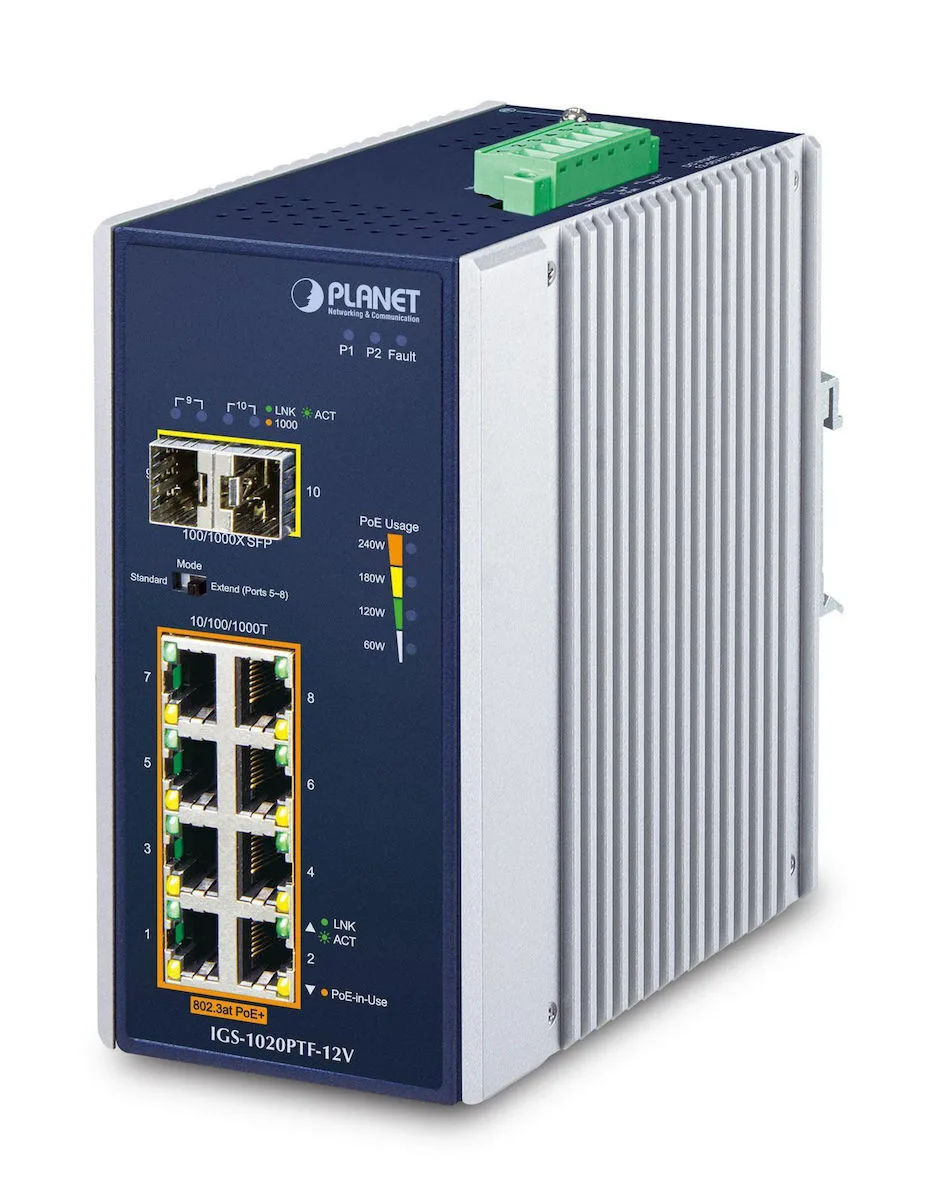 Planet IGS-1020PTF-12V Unmanaged L2 PoE+ Switch με 8 Θύρες Gigabit (1Gbps) Ethernet και 2 SFP Θύρες Planet IGS-1020PTF-12V Unmanaged L2 PoE+ Switch με 8 Θύρες Gigabit (1Gbps) Ethernet και 2 SFP Θύρες - Image 1