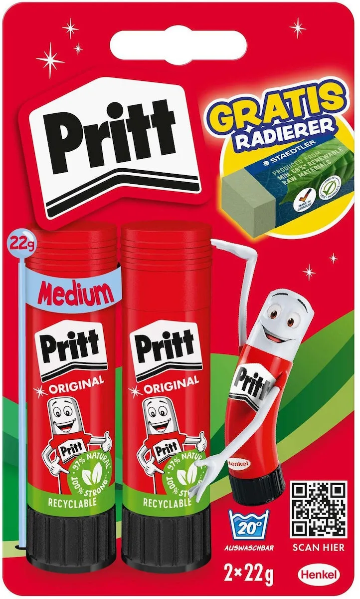 Pritt Glue Stick 2*22g + Eraser Retail Pritt Glue Stick 2*22g + Eraser Retail - Image 1