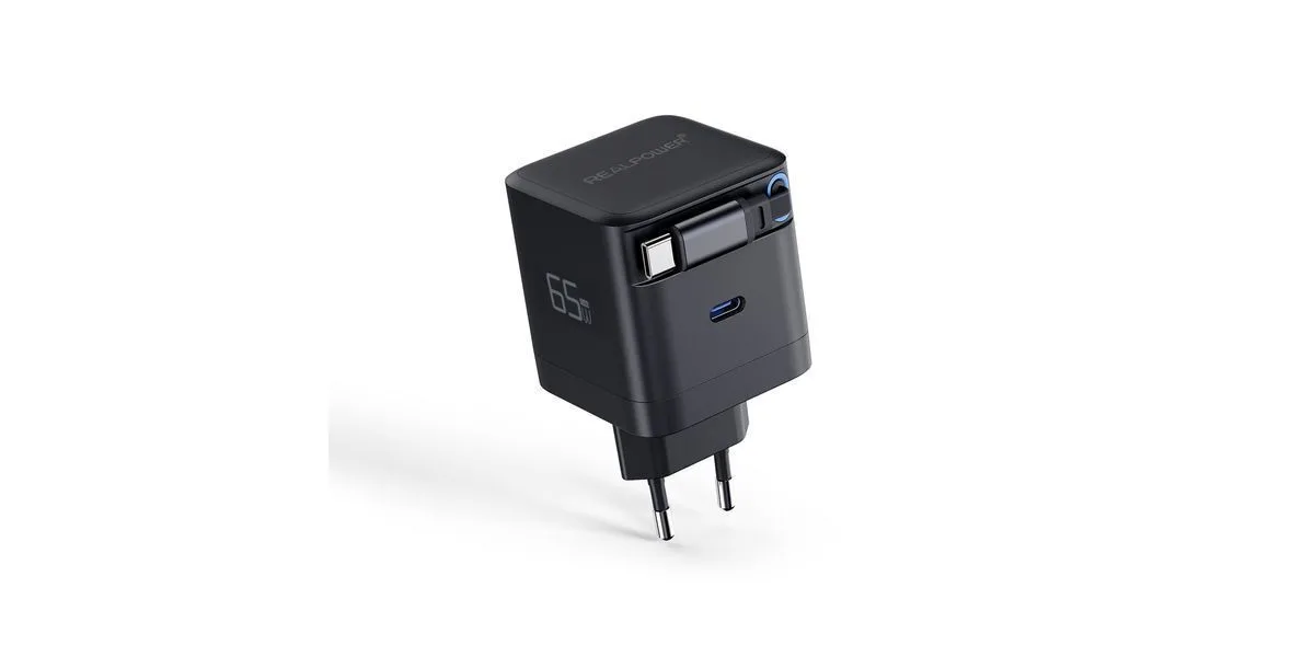 RealPower Φορτιστής GaN με 2 Θύρες USB-C και Καλώδιο USB-C 65W Power Delivery Μαύρος (547528) RealPower Φορτιστής GaN με 2 Θύρες USB-C και Καλώδιο USB-C 65W Power Delivery Μαύρος (547528) - Image 1
