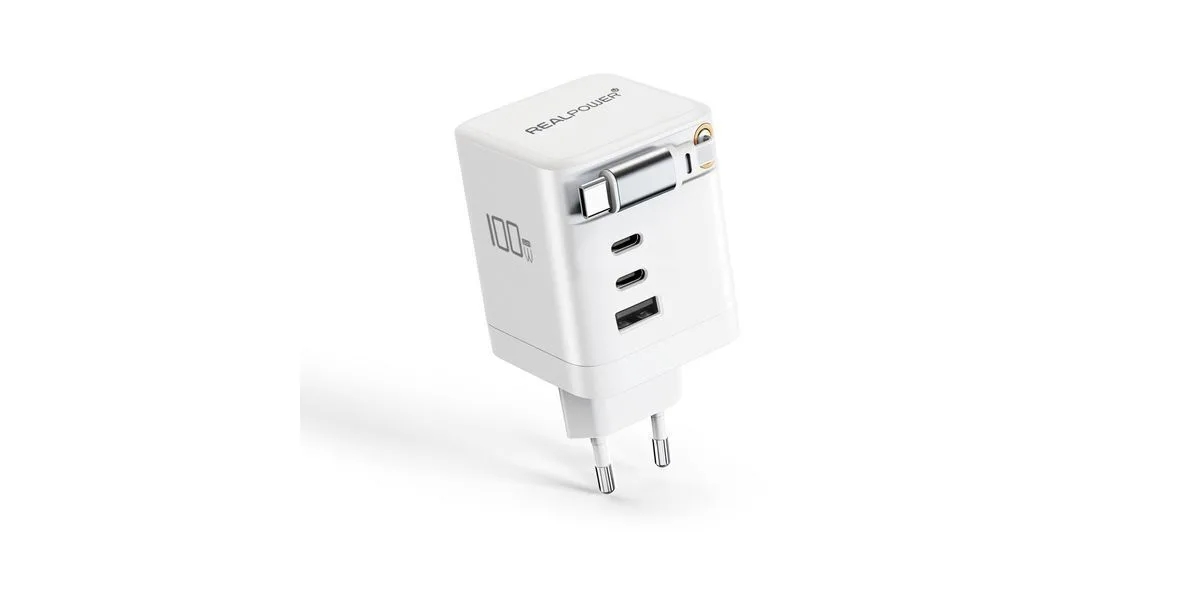 RealPower Φορτιστής GaN με Θύρα USB-A και 2 Θύρες USB-C και Καλώδιο USB-C 100W Power Delivery Λευκός RealPower Φορτιστής GaN με Θύρα USB-A και 2 Θύρες USB-C και Καλώδιο USB-C 100W Power Delivery Λευκός - Image 1